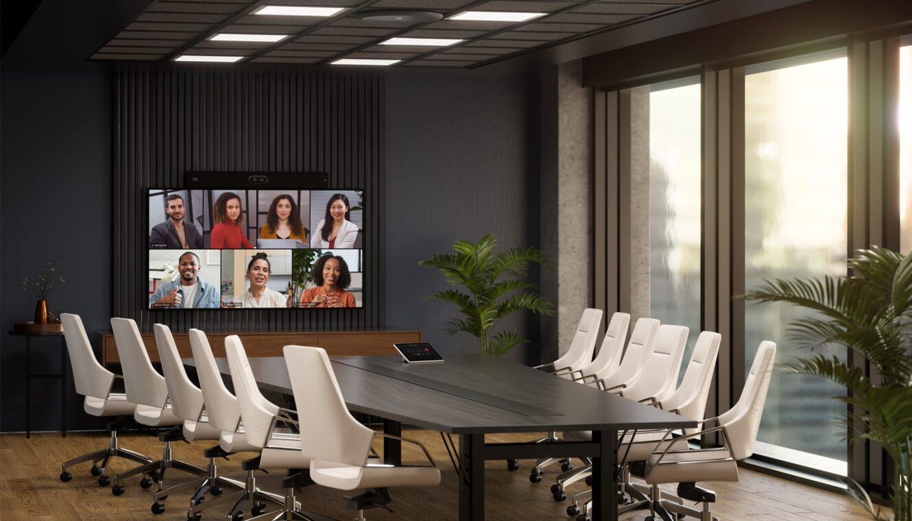 Modern office conference room featuring a Video Conferencing System with PTZ Camera for Conferencing and LED Video Wall for a best conference system experience.