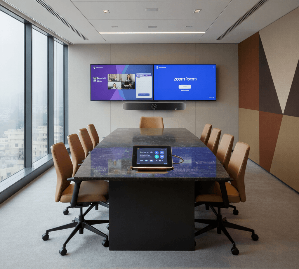 Enterprise-grade boardroom in Gurugram designed by an **Audio-Visual Solution Consultant in Gurugram**, featuring a multi-platform **video conferencing setup Gurugram** with Microsoft Teams Rooms and Zoom Rooms on dual 4K displays. This modern space highlights seamless execution by an **AV integration company Gurugram**, with a premium conference table, intelligent tracking camera, soundbar, and ceiling microphones. The environment reflects advanced **conference room AV solutions Gurugram**, integrated **boardroom AV automation Gurugram**, and scalable **enterprise AV solutions Gurugram**, set against a sophisticated corporate interior with acoustic panels and ambient lighting.